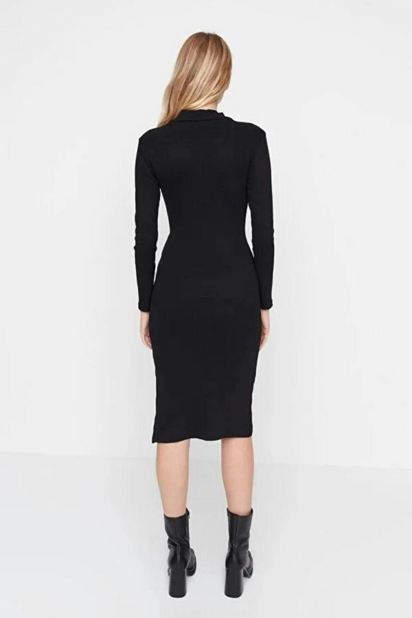 WOVCOR Crew Neck Midi Ribbed Stretch Knit Pencil Dress with Slit