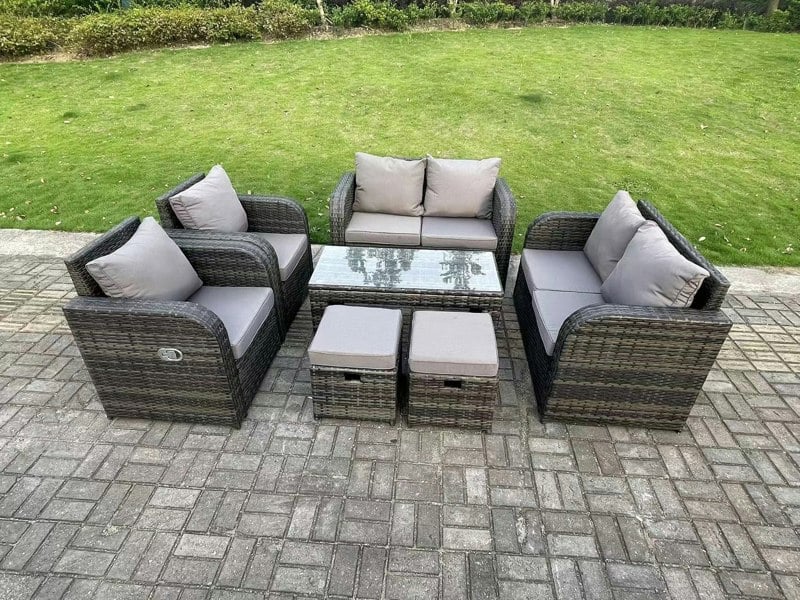 Fimous 8 Seater Dark Grey PE Wicker Rattan Garden Furniture Set Reclining Chair 2 Seater Love Sofa Set Outdoor Rectangular Coffee Table Stools