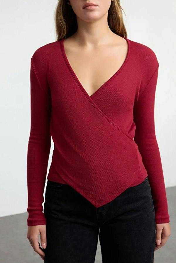 WOVCOR Double Breasted Collar Long Sleeve Ribbed Knit Blouse