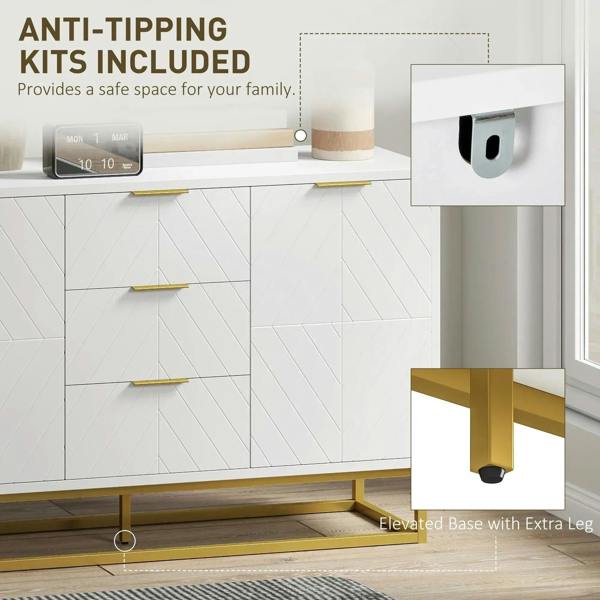 White sideboard cabinet showing raised base with extra legs and anti-tip bracket hardware.