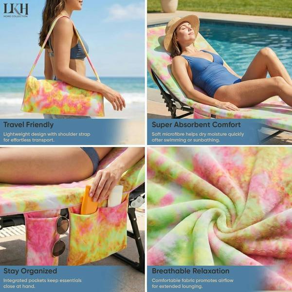 LKH HOME COLLECTION Sun Lounger Towels with Pockets & Shoulder Strap - 210x75CM Microfibre Beach Towel for Recliner for Pool Chairs