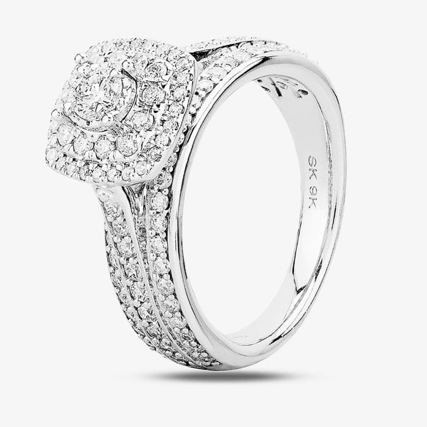 T. H. Baker 9ct White Gold 1.00ct Diamond Fancy Shouldered Square Cluster Ring TH012525112159