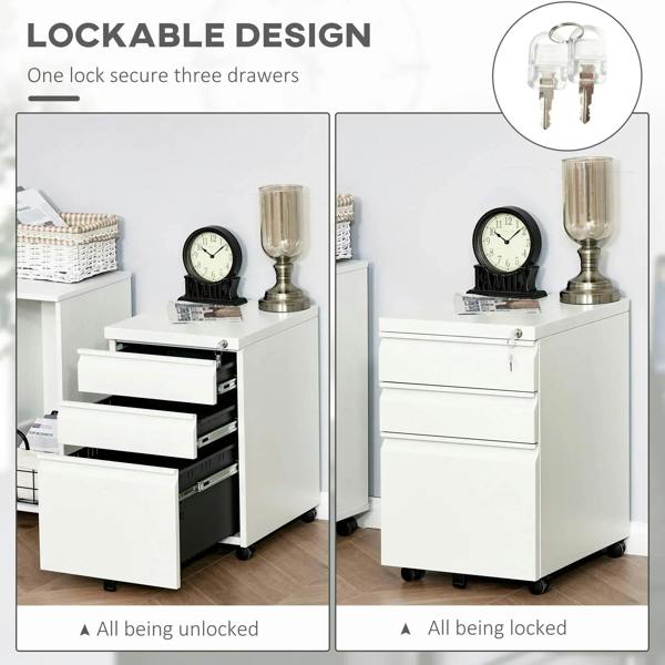 White lockable 3-drawer metal filing cabinet with key lock and included keys.