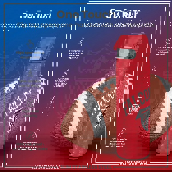 A red, slim stainless steel water bottle, featuring the Atlanta Falcons logo and text, rests near a football; its flip top opens one-handed with a simple click.