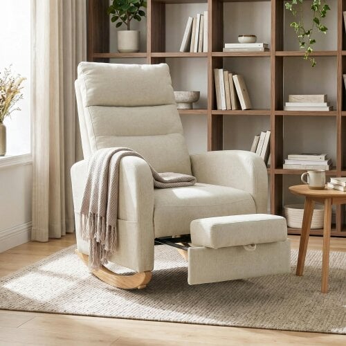 HOMCOM Upholstered Rocking Chair with Retractable Footrest, High Back Cream White
