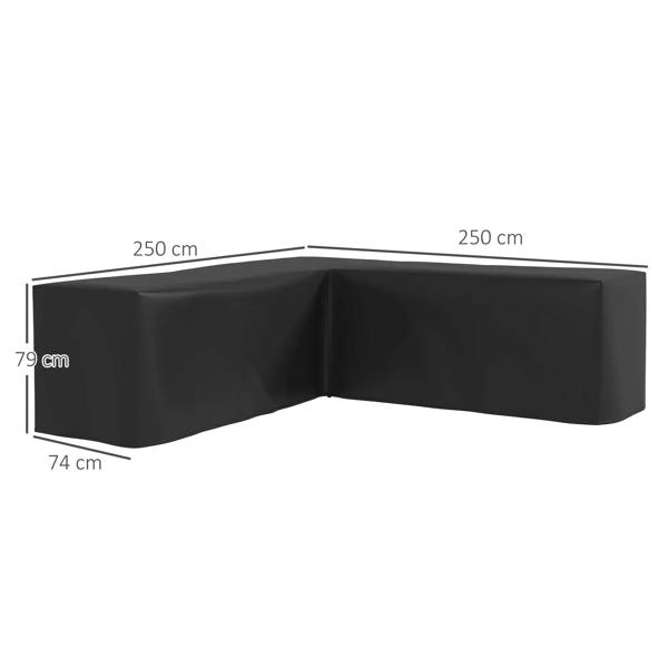 Black L-shaped furniture cover with corner fit, size markings shown