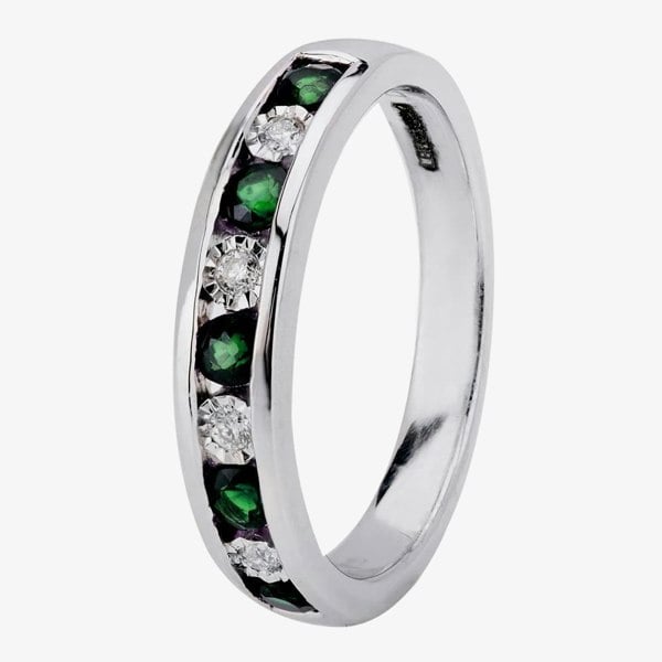 T. H. Baker 9ct White Gold Channel Set Emerald And Diamond Half Eternity Ring H6143E-9W-006F