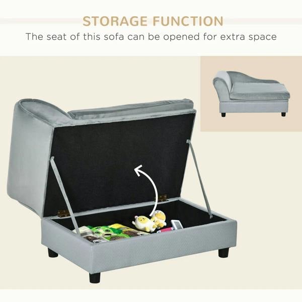 Light grey pet sofa chair with hinged seat opening to reveal storage bin