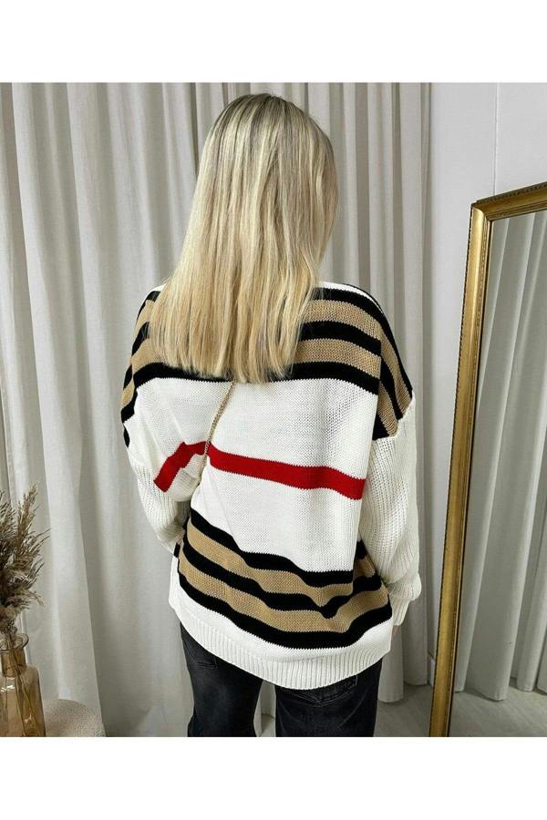 Ava Oversized Striped Long Sleeve Knitted Jumper - White