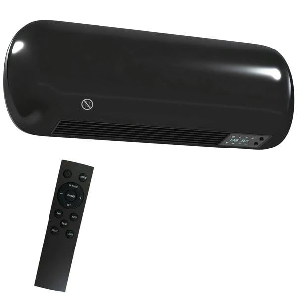 Black wall-mounted ceramic electric heater with fan and front vent, with remote control