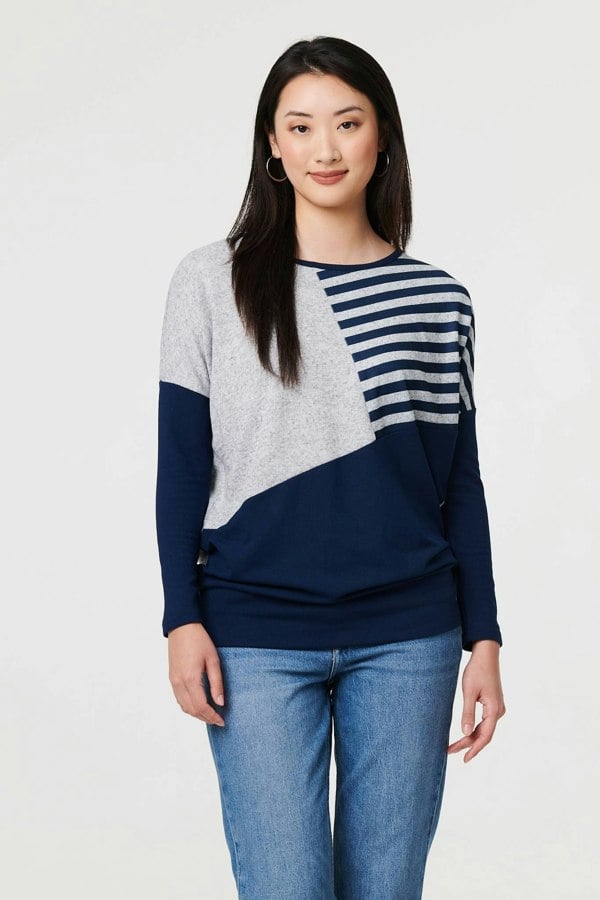 Navy | Geo Print Long Sleeve Drop Shoulder Top