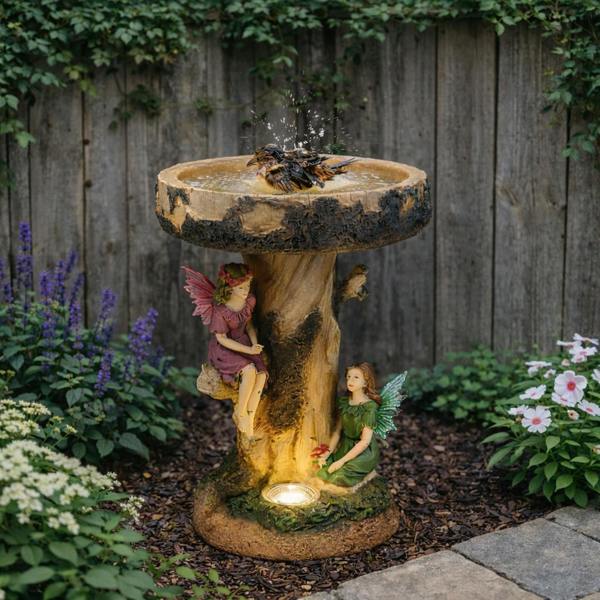 Gardenwize Solar Bird Bath – Fairy Garden Ornament with LED Light & Battery Backup