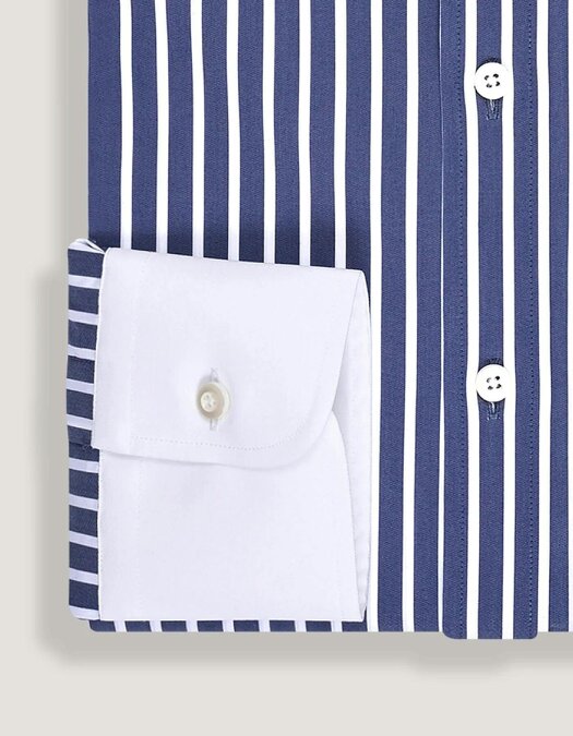 Men's Navy Striped Cotton  Contrast Collar Shirt