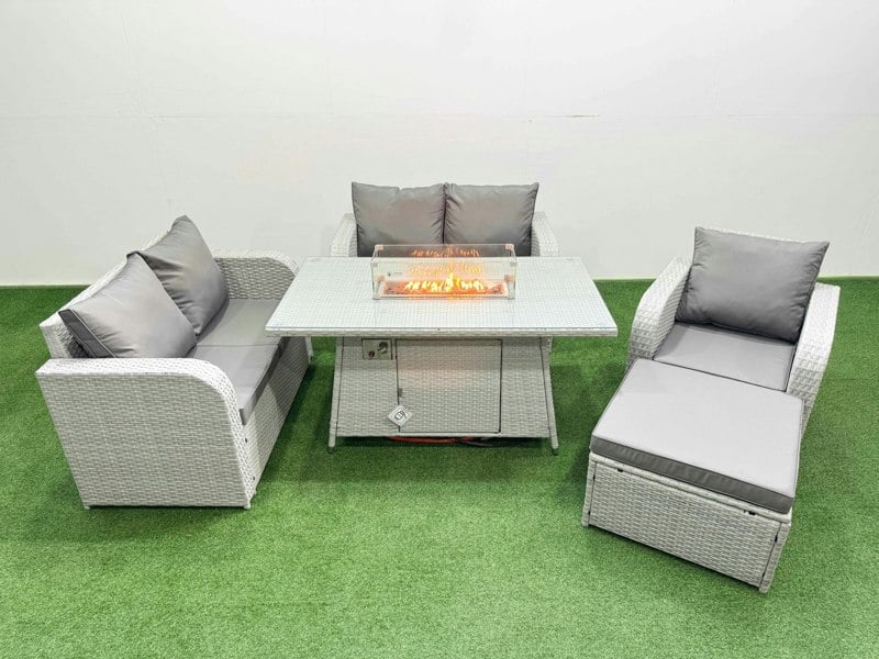 Fimous High Back Rattan Garden Furniture Set with Reclining Chair Loveseat Sofa Fire Pit Dining Table Indoor Outdoor Patio Set Big Stool Light Grey