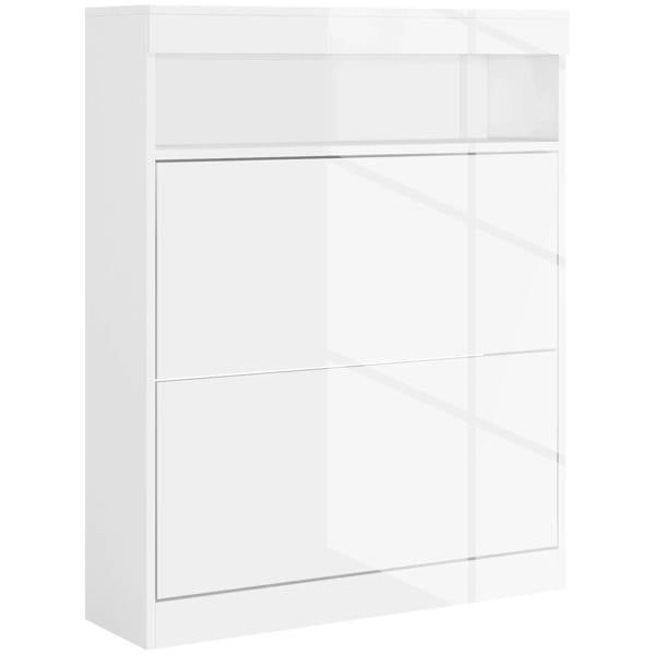 High-gloss white shoe storage cabinet front panel with flip-door opening