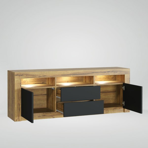 Mex Furniture Spacious 160cm TV Unit & Sideboard Cabinet with Black Matt Doors and Free LED