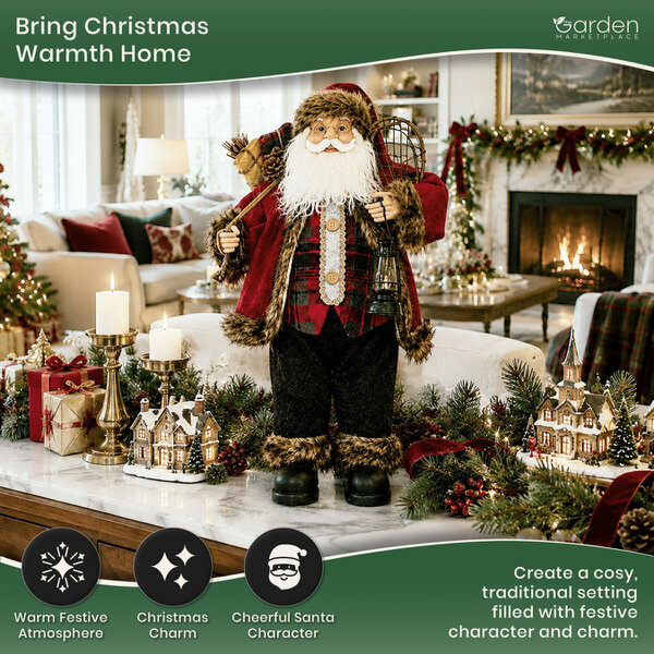 60cm Rustic Father Christmas Figure with Sack of Presents, Snow Shoes and Lantern, Free-Standing Indoor Santa Decoration with Fabric Clothing