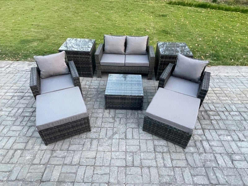 Fimous 6-Seater Rattan Outdoor Sofa Set | Square Coffee Table, Armchair, 2-Seater Sofa, 2 Large Footstools, 2 Side Tables