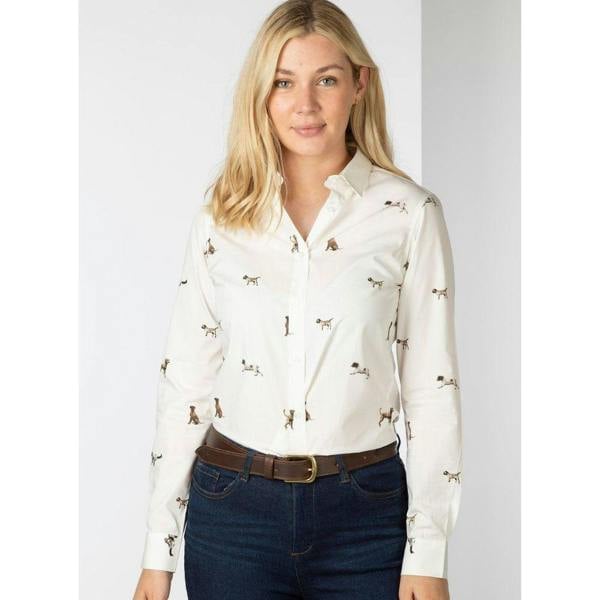 Rydale Ladies Wistow Printed Shirt in Country Dogs design featuring a cream cotton fabric with detailed sporting dog print, long sleeves and button-up front.