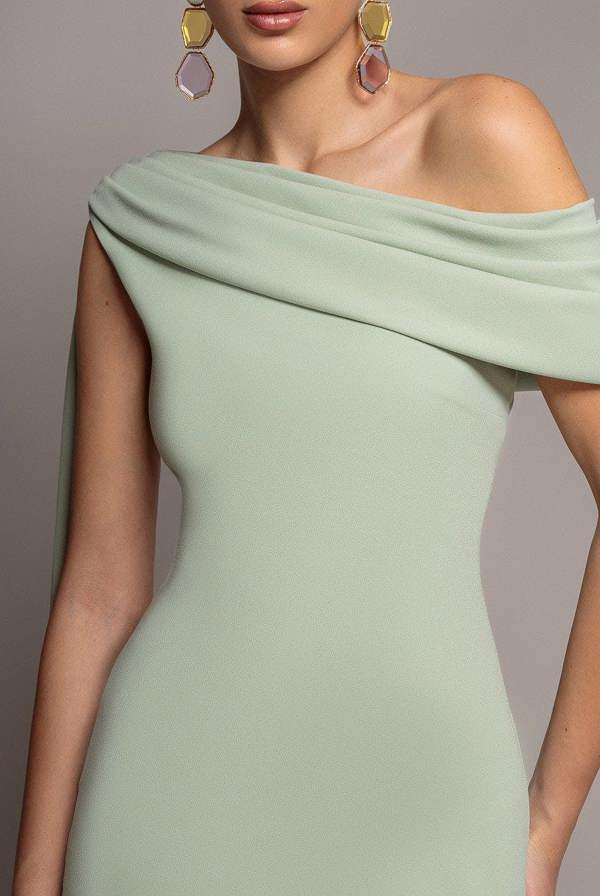 Sash One Shoulder Bardot Maxi Dress - Sage Green DR4830