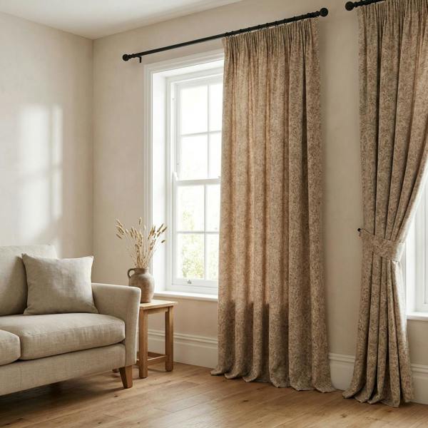 Lille made-to-measure curtains in Cedar, styled in a living room