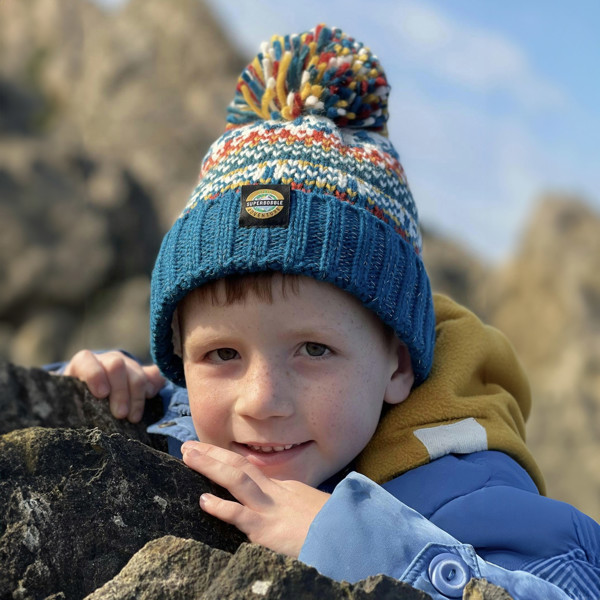 SuperBobble Kids Nordic Knit Beanie Bobble Hat - Fjord Blue