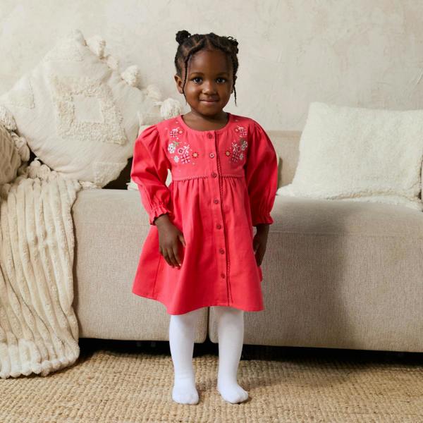 Mini Cuddles Baby Girls Floral Embroidered Dress with Stockings, Red