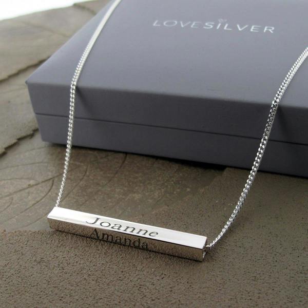 Christopher James of London Silver 3D Horizontal Engraved Name Bar Pendant With Chain