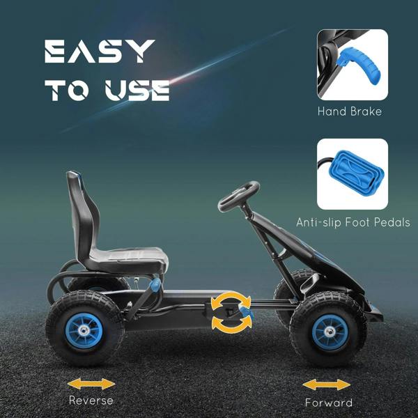Kids pedal go kart with hand brake and anti-slip foot pedals, black and blue