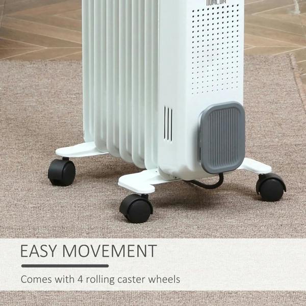 White oil-filled radiator heater base with four caster wheels and rear vented panels