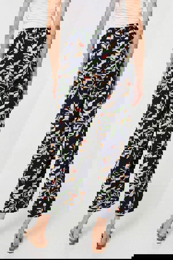 Navy | Leaf Print Tie Waist Wide Leg Trousers
