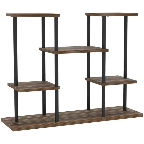 Four-tier wooden plant shelf stand with dark metal frame and carbonised finish