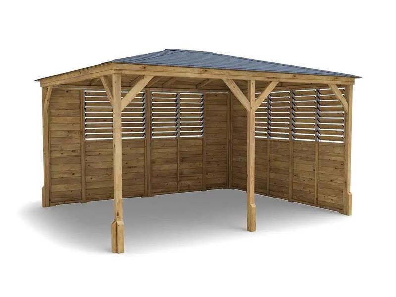 Dunster House Wooden Gazebo Louvre Wall 4m x 3m Garden Shelter Roof Shingles Utopia
