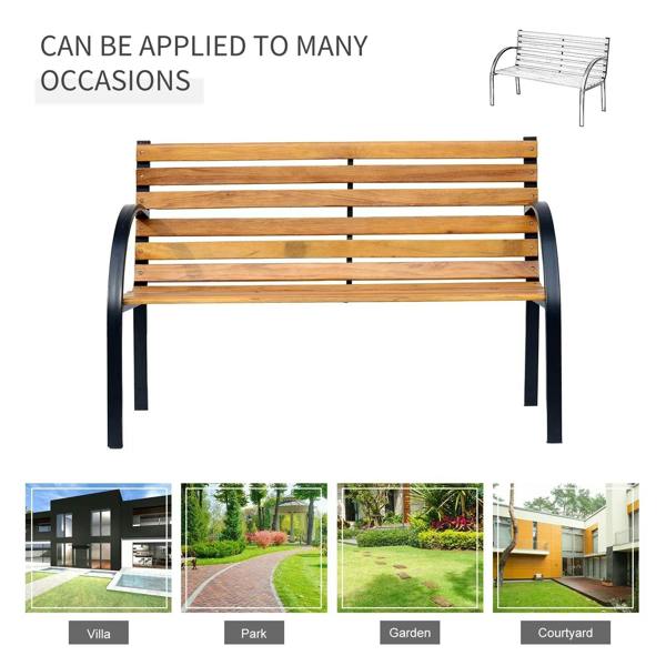Front view of 2-seat garden bench with black steel legs and natural wood slat seat