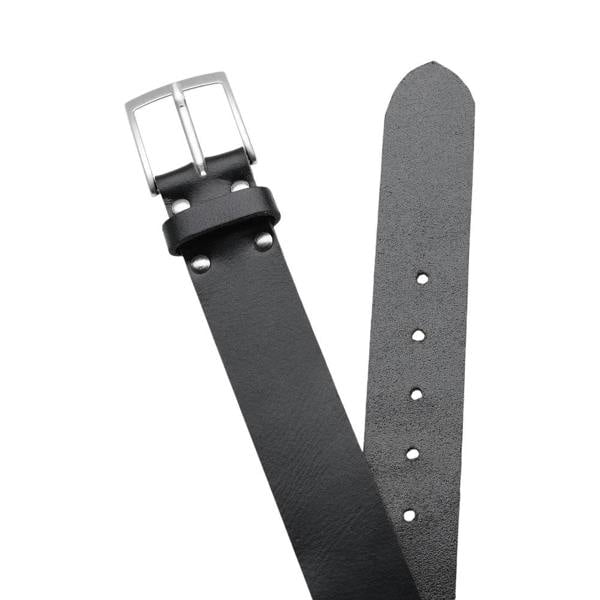 Black leather watch strap with silver buckle on a white background