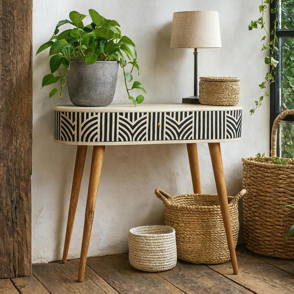 Wyld Haus Honolulu Monochrome Black and White Bone Inlay Console Table with Storage Drawer