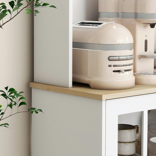 Wyld Haus Somire Wooden White Kitchen Storage Cabinet With Glass Doors Countertop And Adjustable Shelves