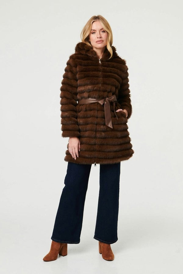 Brown | Faux Fur Striped Tie Waist Longline Coat
