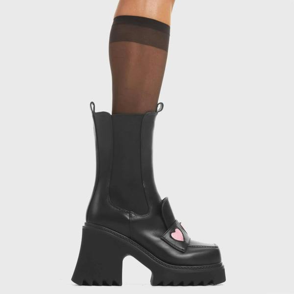Lamoda Trustfund Black PU Pink Heart Platform Creeper Boots Trendy Statement