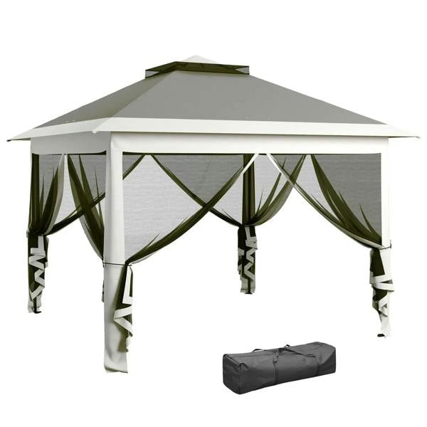 Pop-up canopy tent with double roof, dark grey top, zipped mesh sidewalls, carry bag