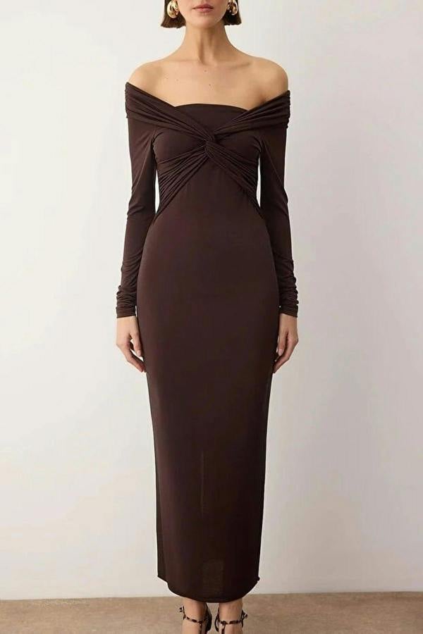 WOVCOR Collar Detail Knitted Midi Unlined Evening Dress