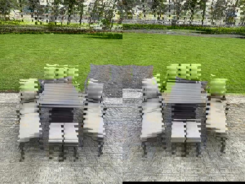 Fimous Aluminium Garden Furniture Sets 9 Seater Outdoor Sofa Set with Adjustable Rising Dining Table 2 Chairs 4 Footstools - Dark Grey