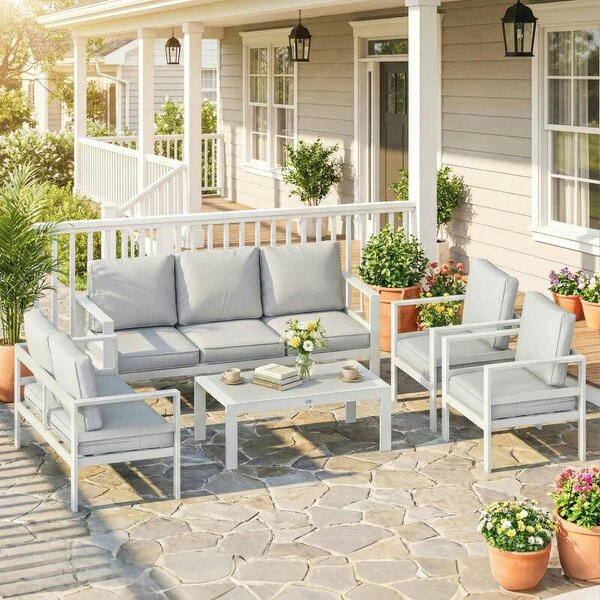 5 Pieces Aluminium Garden Furniture Set with Olefin Cushions, Extra Deep Outdoor Garden Sofa Set, White - White
