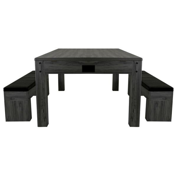 7-in-1 games table in grey with two matching storage benches, featuring a sleek design and textured wood finish for durability
