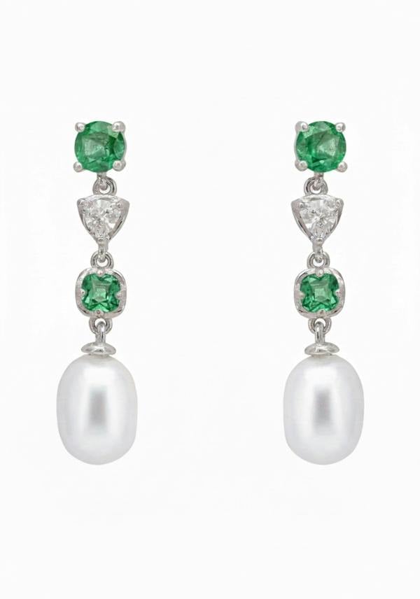 Latelita Pearl Whisper Drop Earrings Colombian Emerald Silver