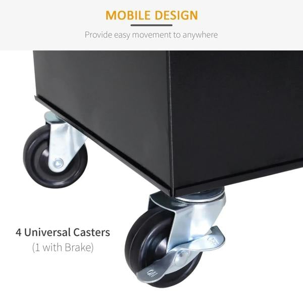 Black tool cabinet corner with four universal caster wheels, one with brake