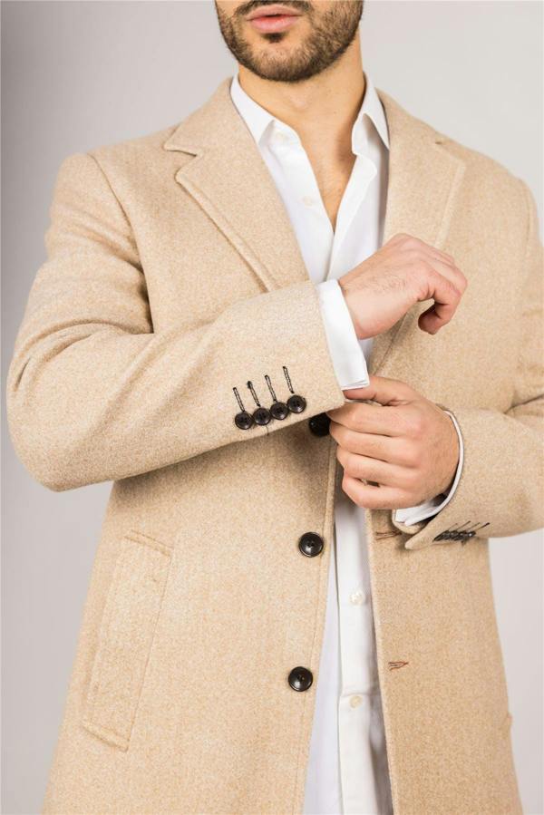 Infinity Leather Men's Notched Lapel Collar Wool Blend Beige Overcoat