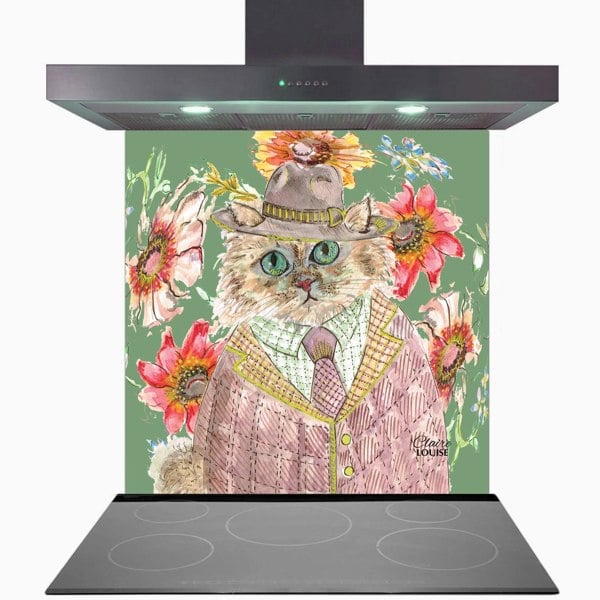 Claire Louise - Designer Cottage Floral Cat Glass Kitchen Splashback