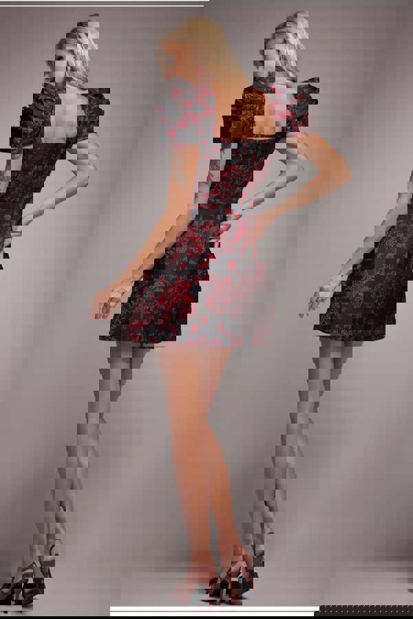 Plunging Neck Pleated Sleeve Jacquard Mini Dress - Black DR4772