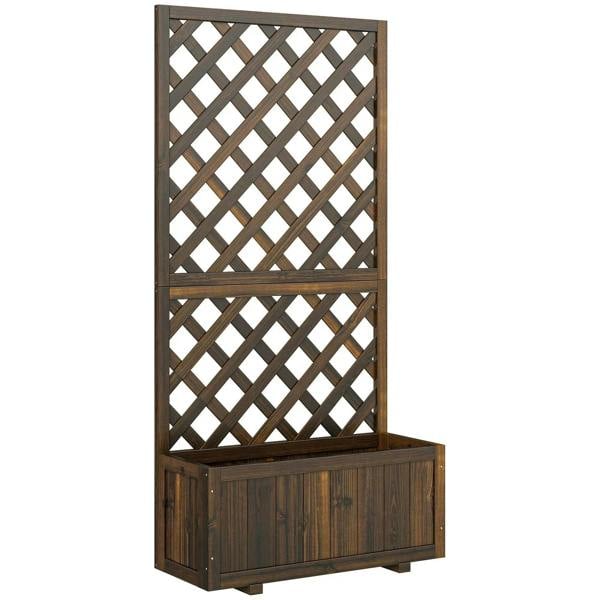 Carbonized wood garden planter with lattice trellis and raised bed, upright frame